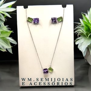 Conjunto em banho ródio com zircônia cristal green e lavander