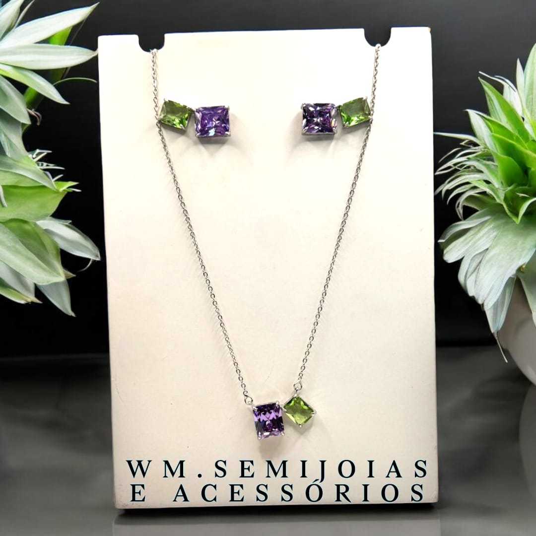 Conjunto em banho ródio com zircônia cristal green e lavander