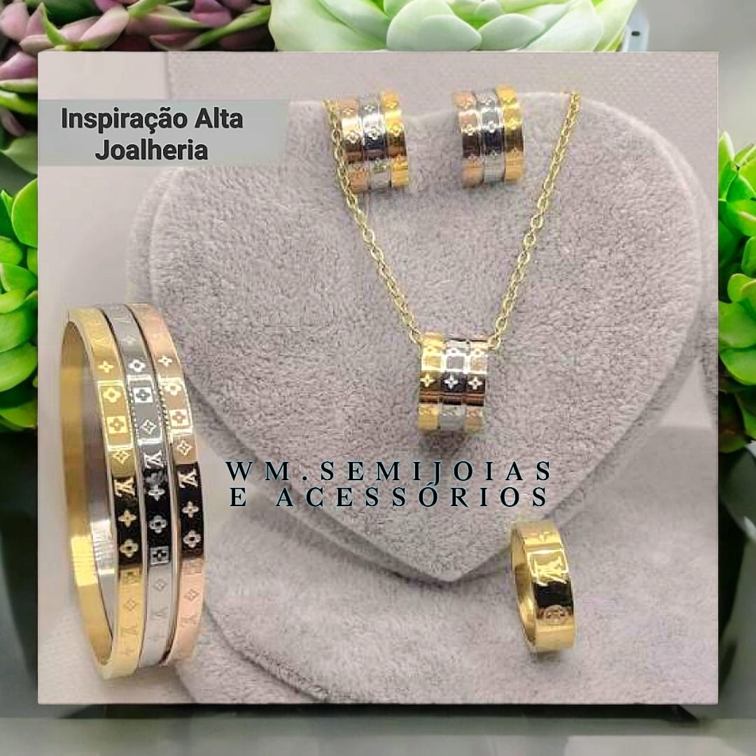 Conjunto Inspirado em Alta Joalheria em Aço lnoxidável 3 banhos: ouro,  rosê e ródio.