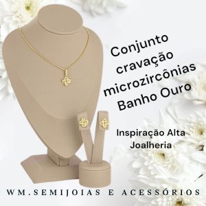 Conjunto Inspiração Van Cleef microcravejado em Banho Ouro