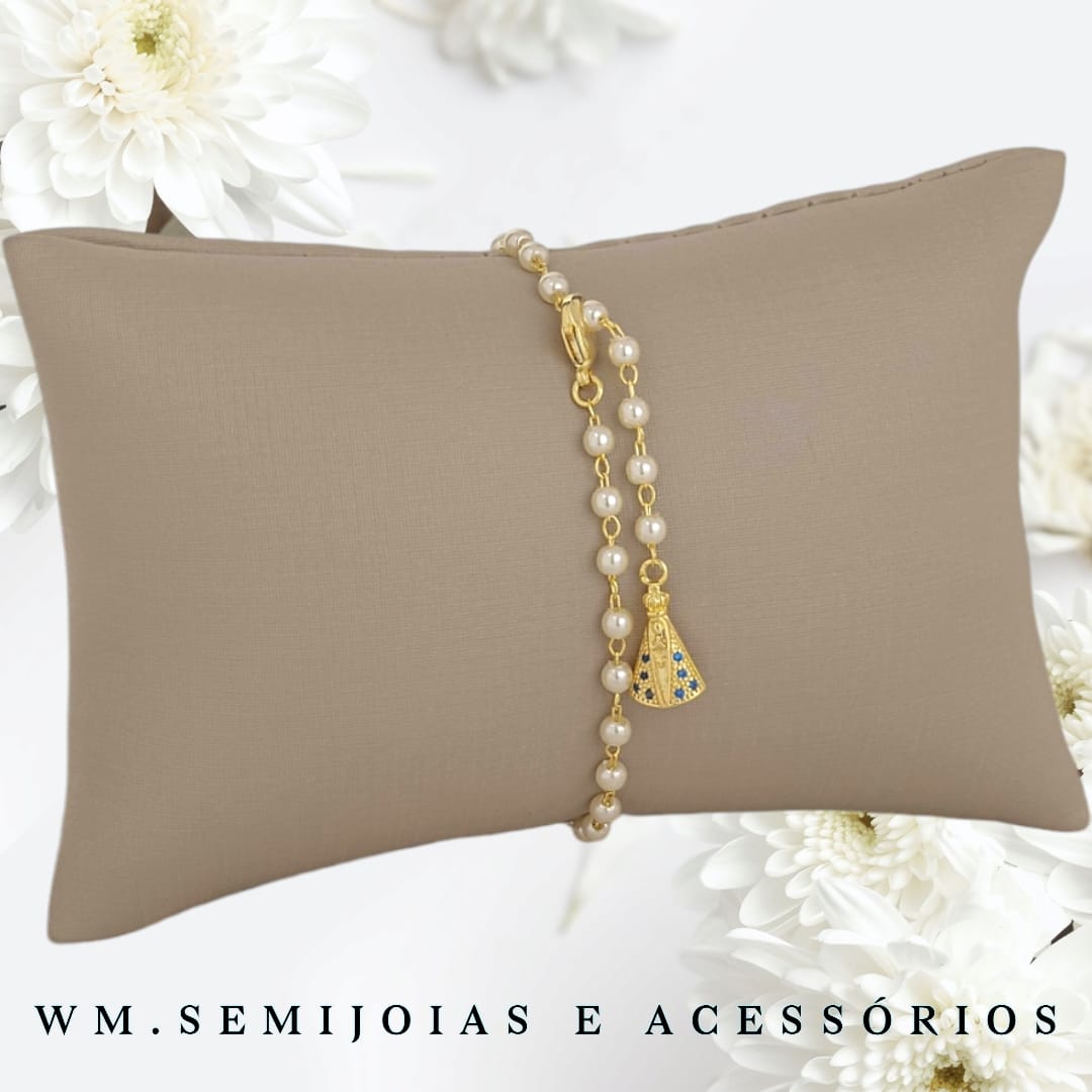 Pulseira Nossa Senhora pérolas em Banho Ouro = PU-00337