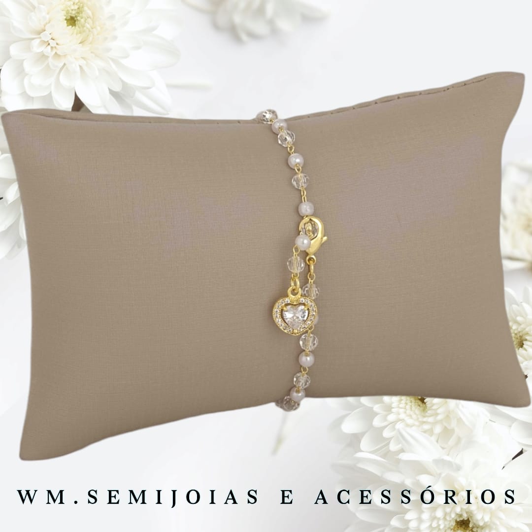 Pulseira Coração zircônia com cristais e mini-pérolas em Banho Ouro = PU-00413