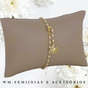 Pulseira Borboleta com cravação e pérolas em Banho Ouro = PU-00512