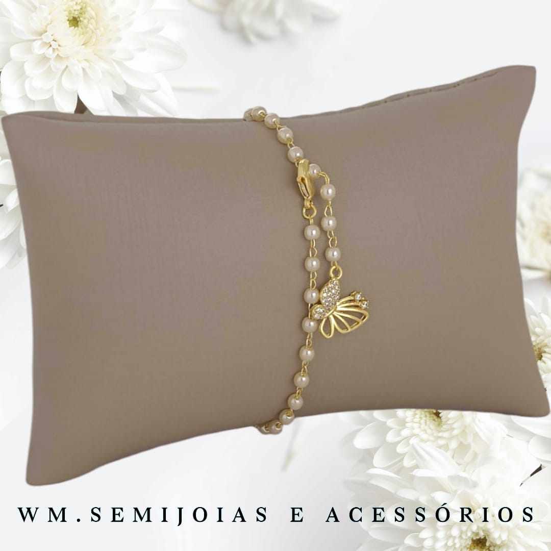 Pulseira Borboleta com cravação e pérolas em Banho Ouro = PU-00512